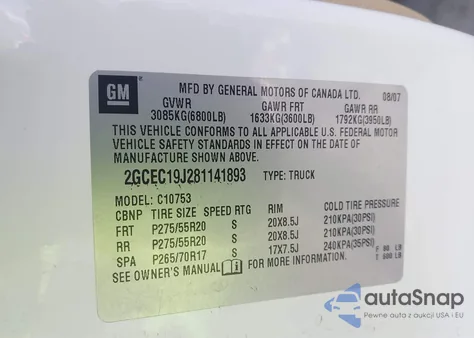 2008 Chevrolet Silverado 1500 Lt1 from USA, damaged, VIN 2GCEC19J281141893